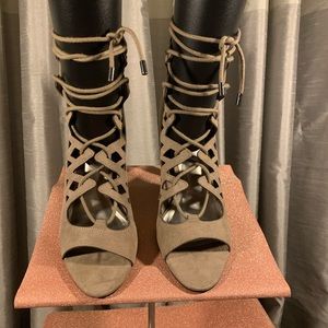 Tan Lace Up Heel bootie open toe size 9